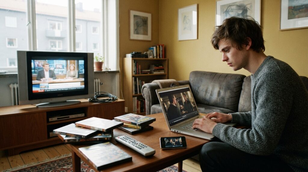 A highly photorealistic historical editorial scene illustrating “How Voddler Changed the Way People Thought About Viewing,” showing a real viewer in an early-2010s Scandinavian living room moving from traditional scheduled television and physical DVDs toward on-demand internet streaming, with an older flat-screen TV, DVD cases and remote on one side, and a computer and early smartphone streaming a movie on the other; the viewer choosing what to watch at their own time rather than following a fixed TV schedule, subtle visual progression from physical media to digital on-demand entertainment, period-accurate electronics, authentic Scandinavian interior, realistic screen glow and reflections, natural warm indoor lighting, documentary photography style, detailed physical textures, strong sense of technological transition and changing viewing habits, cinematic yet completely realistic, 16:9 horizontal composition, absolutely no text, no letters, no logos, no brand marks, no watermark, no readable interface, no modern futuristic devices, no CGI, no cartoon, no illustration, completely photorealistic and believable.